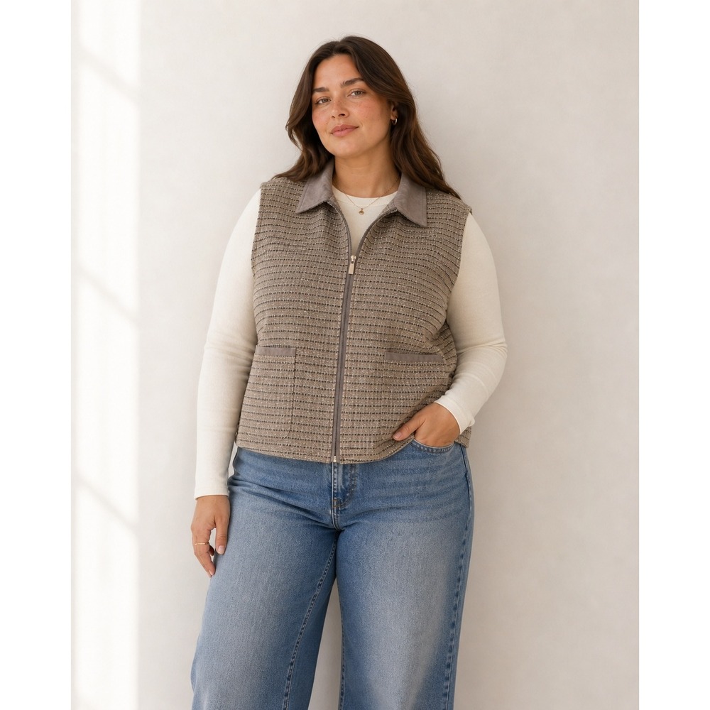 Keren Hart Vest Womens XL Tan Plaid Wool Blend Leather Collar Full Zip Pocket